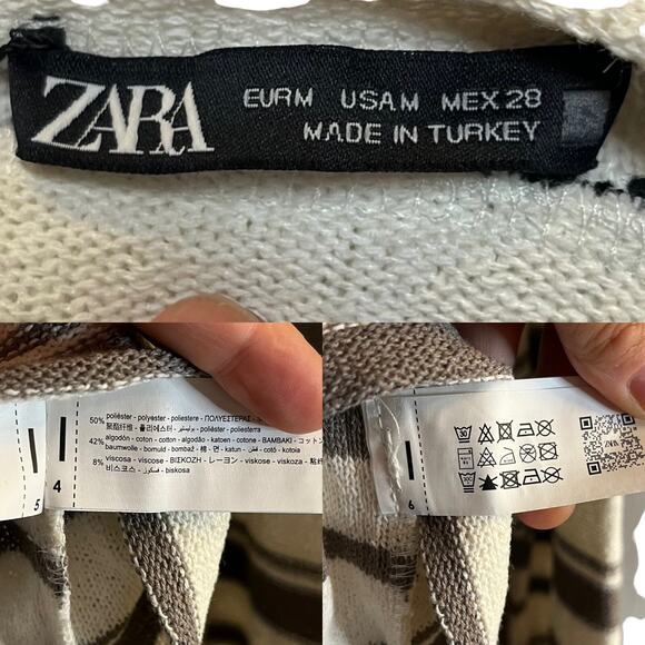 ZARA Crop Rustic Sweater Striped Long Sleeve Cotton White Black Crew Neck Medium - Picture 5 of 11